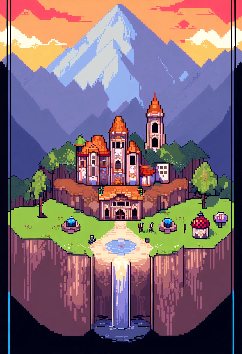 (Best Quality,high resolution), pixel art, vibrant colors, nostalgic atmosphere, Immersive gameplay, 16-bit graphics, pixel perfect controls, town surrounded by mountains, follow, arid,