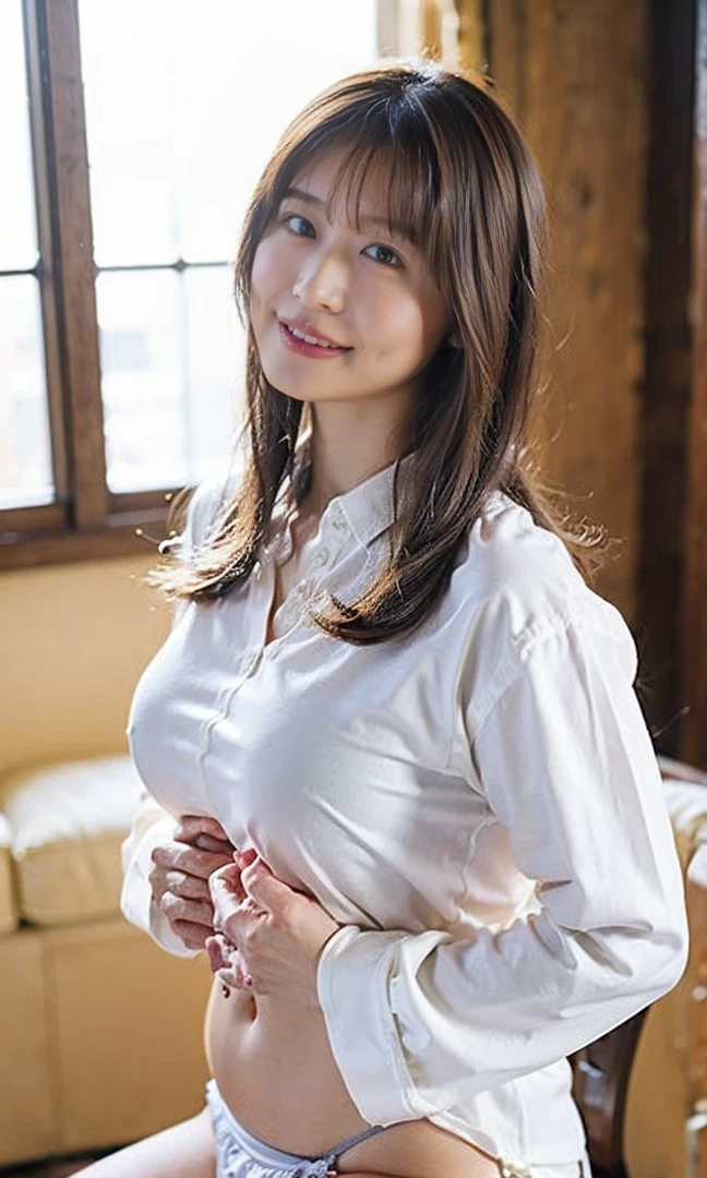 .(((No camera needed！、Tie your hair up、Spread your legs、Masturbation in the gym、Sitting on the mat and masturbating、Luxurious panties、Seductive waist、Shoulder-length hair:1.4))).((A classy white shirt with a collar、Standing photo、Medium Hair、服の上からでもわかるBig Breasts、Both hands are in front of the belly button、A photo of panties visible through a short polo shirt、Roll up your shirt with your hands、She is wearing a white polo shirt and luxurious white panties.、:1.4))、In the living room、Cream Hair Color、Her huge breasts are obvious even through her clothes...、Small earrings、Light brown hair color、:1.4））、Shiny Hair、Light beige hair color、Background Blur、Light brown hair、｛｛Cowgirl Shot｝｝、（（Close-up shot from the waist up、Big Breasts:1.4））、Big Breasts、にっこりsmile、服からでも分かるBig Breasts、Cowboy Shot、素敵なsmile、（（Revealing clothing））、Full body photo、ring、Tuck your hair behind one ear、Silver Necklace、smile、Caustics、Highly detailed photos、Big Breasts、Super no makeup、(8K、RAW Photos、Highest quality、masterpiece:1.2)、(Realistic、Realistic)、1 Girl、((Big Breastsショートヘア、Looking into the camera:1.4))、Hair blowing in the wind
