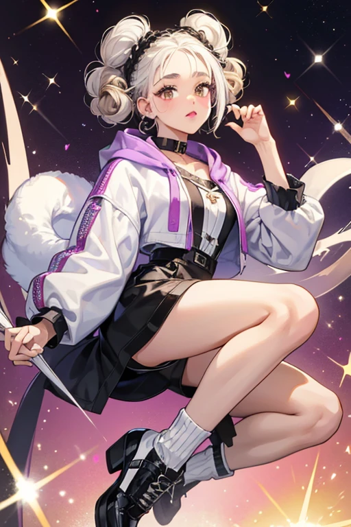 Fresh has light brown skin and dark brown eyes. Her white hair is pulled up into several bantu knots on top of her head. She wears violet lipstick and faint blush. Her hair is coated in glitter. She wears a glittery white hoodie with a fluffy black collar, black glittering short-shorts trim with ruffles, and a pair of black shoes with white sole and shoelaces. SPARKLE; GLITTER