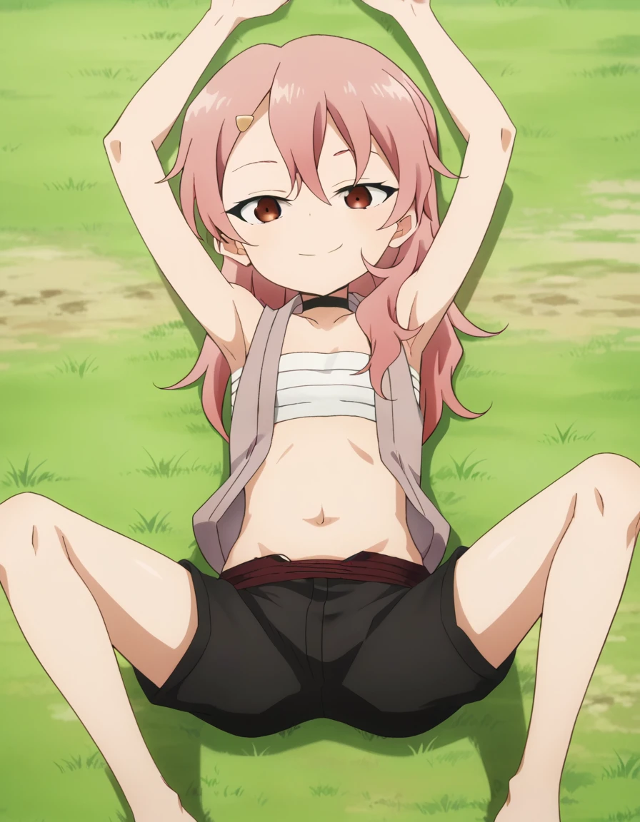 benisumomo, anime coloring ,BREAK source_anime, anime, long hair, hair ornament, red eyes, navel, pink hair, choker, hairclip, flat chest, black choker, sarashi, chest sarashi, black shorts, high quality, solo, lying, on back, arms up, spread arms, closed mouth, on grass, center, full body, looking at viewer, suggestive smile, best quality, spread legs,