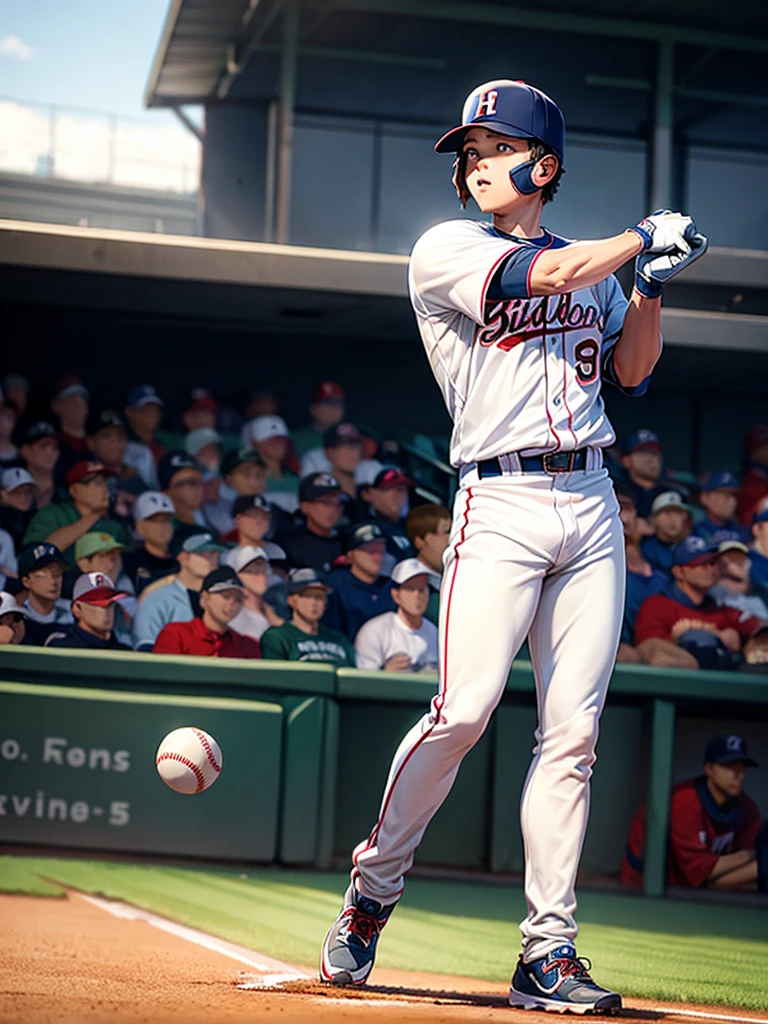 Highest quality,Highest Resolution,Game at the baseball stadium,Boy playing baseball,strike,A large audience,