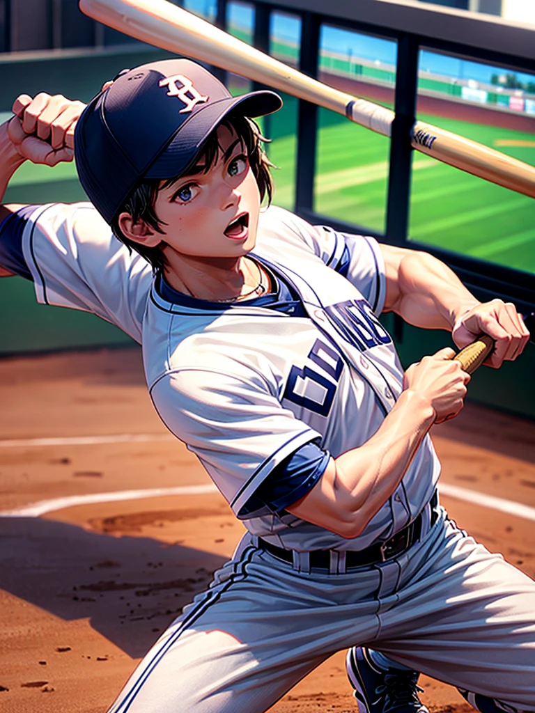 Highest quality,Highest Resolution,Game at the baseball stadium,Boy playing baseball,strike,A large audience,