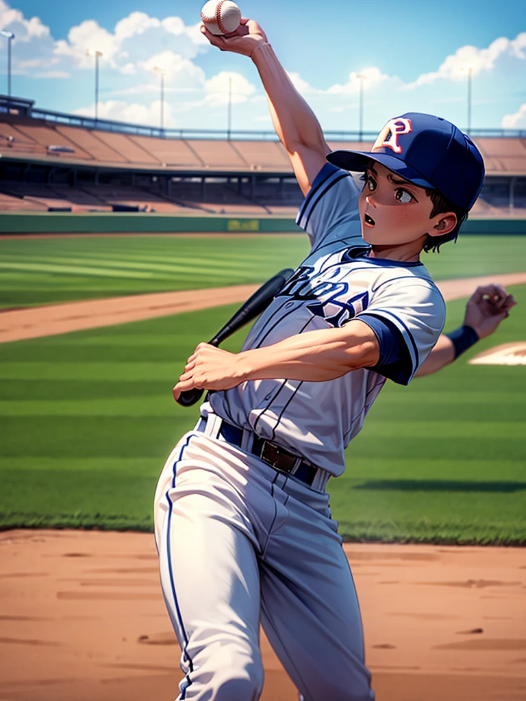 Highest quality,Highest Resolution,Game at the baseball stadium,Boy playing baseball,strike,A large audience,