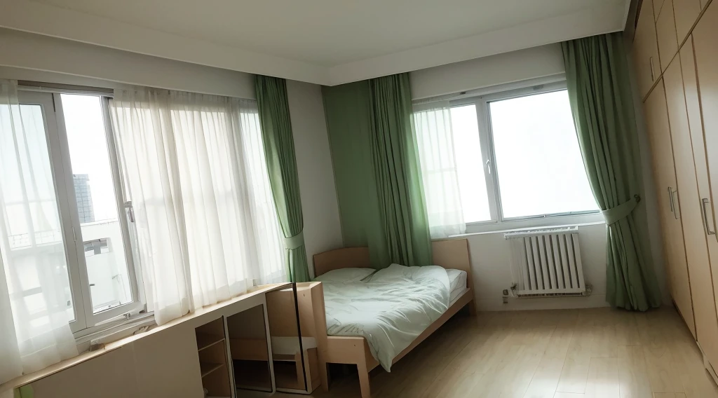 Daytime、room、Window、machine、Slumber、twilight、White light、Green tree々、view of the building、Curtains swaying in the wind