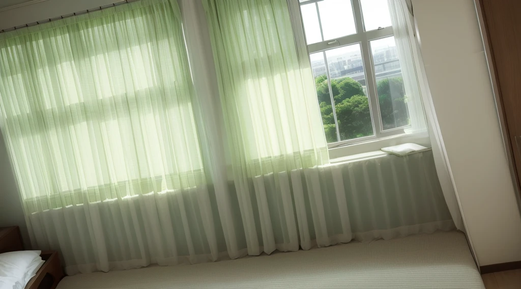 Daytime、room、Window、machine、Slumber、twilight、White light、Green tree々、view of the building、Curtains swaying in the wind