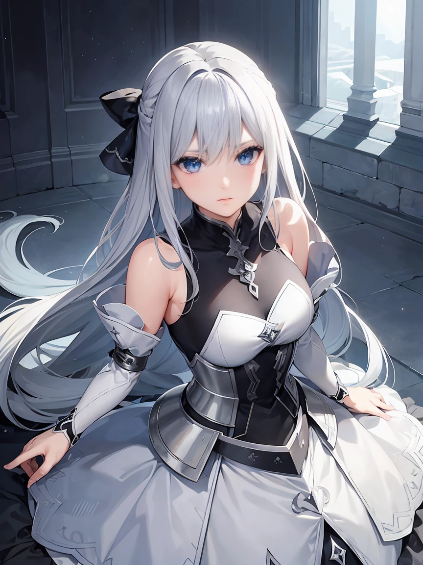 Gray hair straight long、Beautiful sparkling dark blue eyes、Detailed eyes、high quality、masterpiece、One Woman、solo、White Knight、Silver Armor、Rin々Shii、Focus on the Opponent、Anime style face