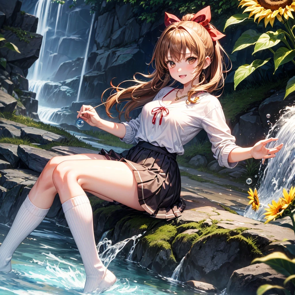 Red, brown, gold, gold hair、Golden Eyes、Hair tied up、One good looking girl、solo、anime、Checkered mini skirt、Ruffles on the skirt、camisole、Lightweight cardigan、Black knee-high socks、Wearing a baseball cap、Ribbon、Ribbon on waist、Teeth are visible、Silver coin necklace、From above、Sunflower Tunnel、Cobblestones、waterfall、Clear Stream、Have sunflowers、Midnight Moon、Winding Road、Unlocking、suspension bridge、Soap bubbles are flying