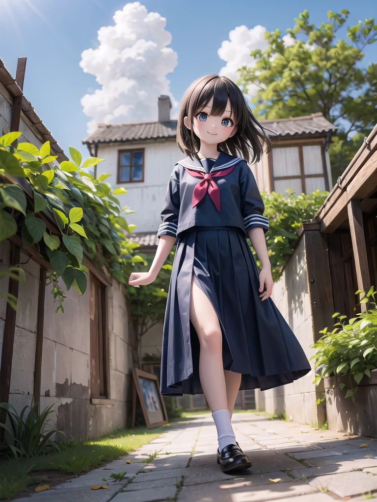 (masterpiece), town, blue sky, One Girl, smile, alone, Sailor suit、Long skirt, Overgrown, petal, plant、Skirt lining、Translucent slip、Nostalgic、Strong winds