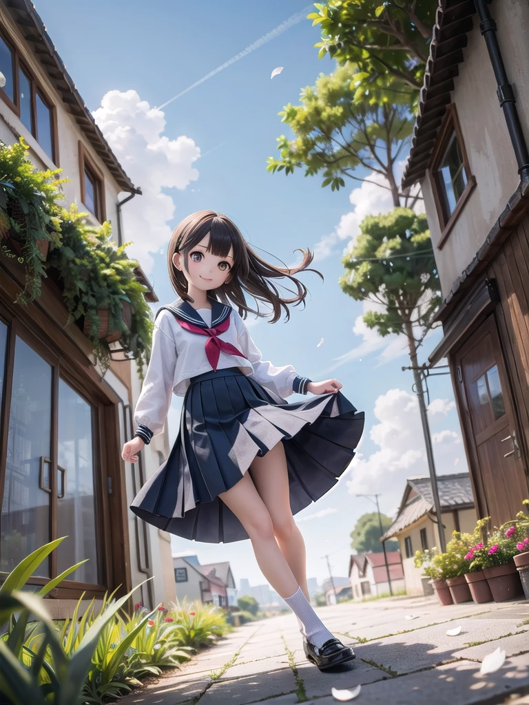 (masterpiece),  town,  blue sky,  One Girl,  smile,  alone,  Sailor suit、Long skirt,  Overgrown,  petal,  plant、Skirt lining、Translucent slip、Nostalgic、Strong winds