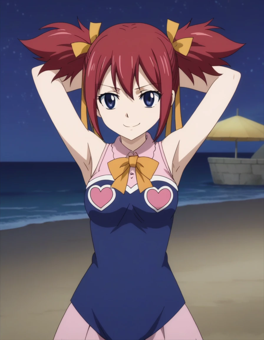 chelia_blendy, source_anime, rating_safe, intricate details, anime screencap, anime coloring, 1girl, solo, red hair, blue eyes, ribbon, hair ribbon, twintails, short twintails, looking at viewer, solo, contrapposto, spread armpit, arms behind head, smile, looking at viewer, (cowboy shot:1.5), closed mouth, night sky, beach, high quality,