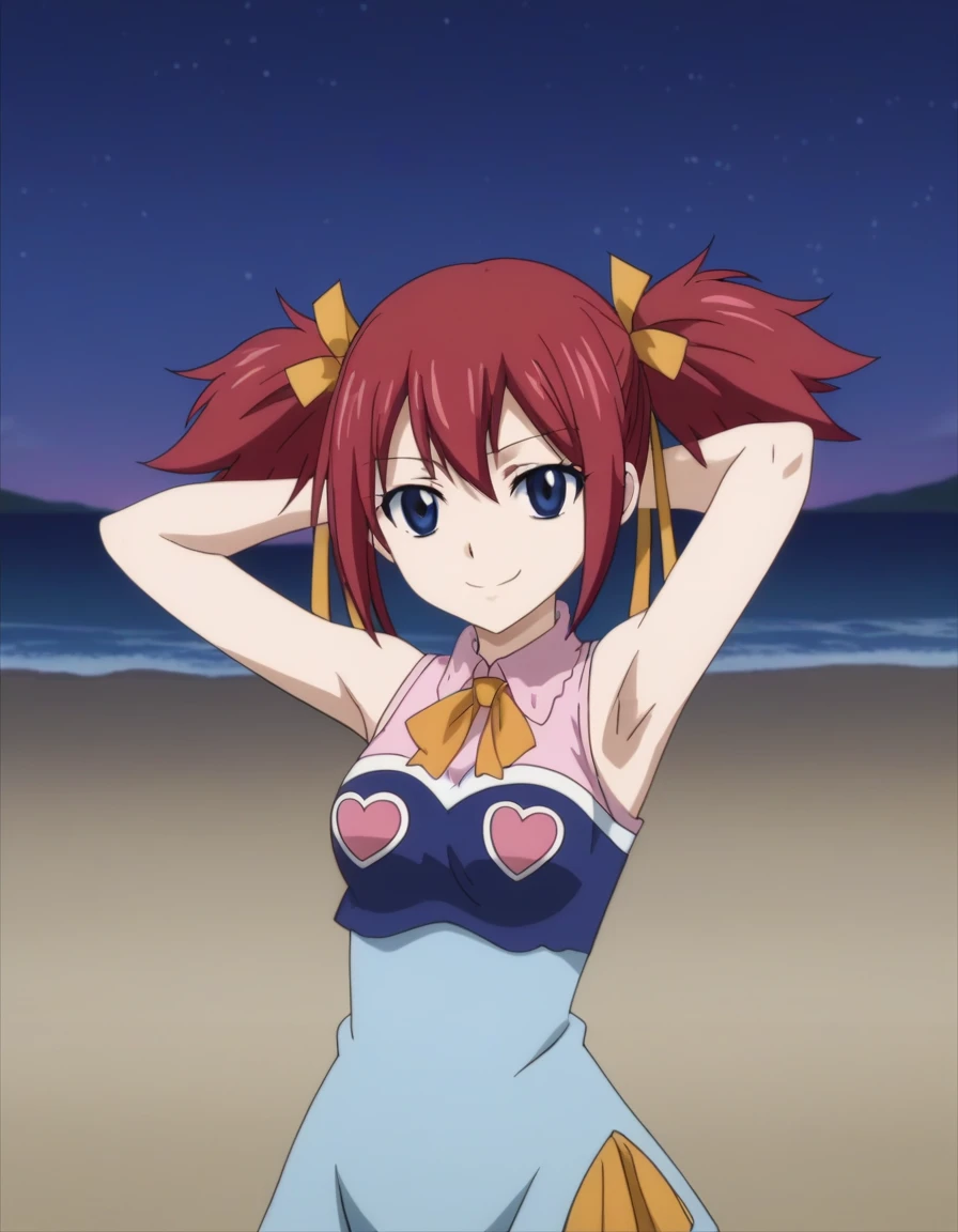 chelia_blendy, source_anime, rating_safe, intricate details, anime screencap, anime coloring, 1girl, solo,  red hair, blue eyes, ribbon, hair ribbon, twintails, short twintails, looking at viewer, solo, contrapposto, spread armpit, arms behind head, smile, looking at viewer, (cowboy shot:1.5), closed mouth, night sky, beach, high quality,