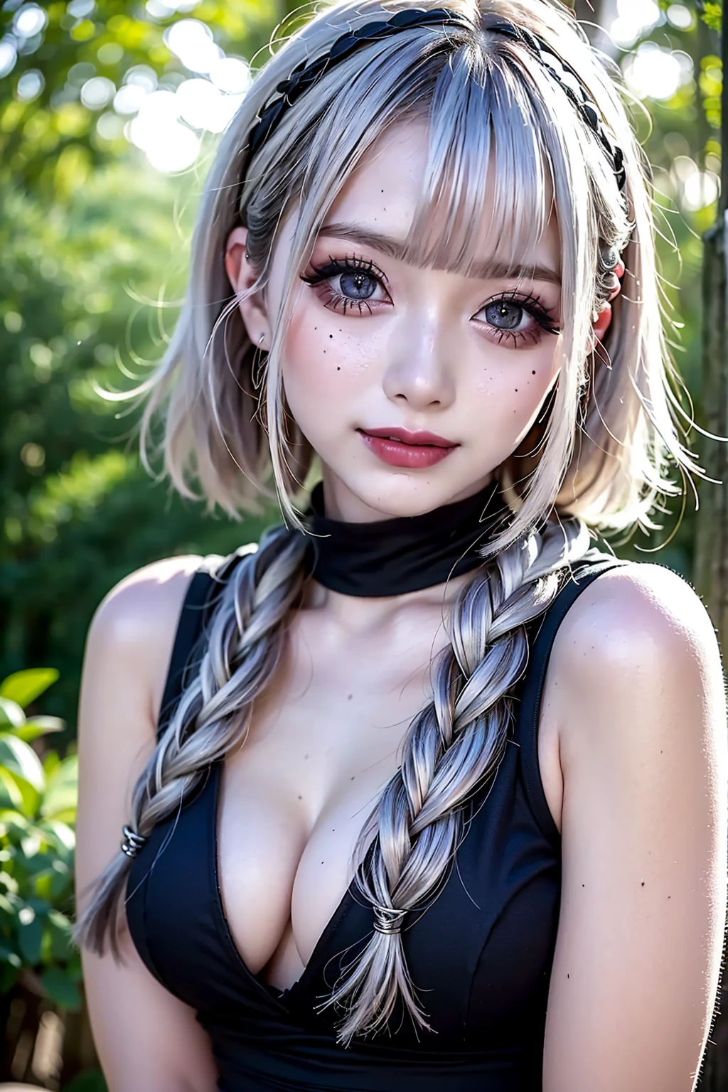 Realistic, masterpiece, Highest quality, Highest Resolution, High Detail, Soft Light, Professional Lighting, Backlight, Film Grain, The background is blurred, Japanese , (The subject was photographed from below, The subject does not look at the camera:1.3), 16 years old, Upper body photo, Looks sleepy, inattention, Grinning, Open your mouth, Beautiful and detailed eye drawing, (Droopy eyes:1.3), Dark Eyes, Thin eyebrows, Draw eyelashes carefully, Eyelash extensions, Gal Makeup, Orange Cheek,  (White brown braids,Short Hair, middle part:1.3), (Hidden eyelid wrinkles:1.3), (Gothic summer , Silver Accessories:1.3), (Summer forest:1.3)