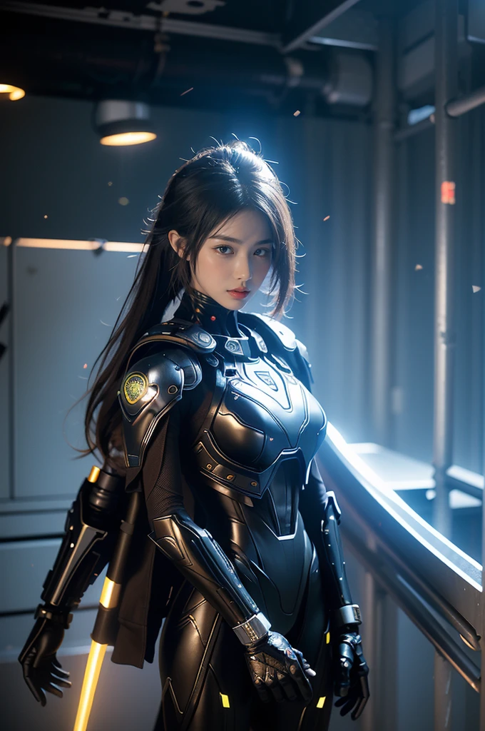 Game Art,Best image quality,Maximum resolution,8K,((A bust photo)),((portrait)),(Rule of Thirds),Unreal Engine 5 rendering works, (Future girl),(Female Warrior), 22-year-old young hacker),(Oriental hairstyle),(Beautiful eyes full of details),(Large Breasts),(Eyeshadow),Elegant and charming,indifferent,((frown)),(Combat suit full of futuristic technology,This costume combines futuristic power armor and,Clothing is decorated with glittering patterns and emblems),Cyberpunk Characters,in the style of futuristic, lamp,Ray Tracing,Game CG,((3D Unreal Engine)),OC rendering reflection mode