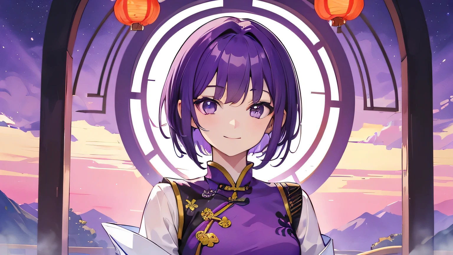 (T Masterpiece，4k wallpaper，Best Quality))、((girl１people))、(solo)、Bright and Brilliant，(Purple Hair)、(short hair:1.3)、smile、Chinese clothing、China