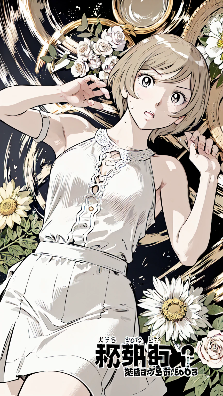、(masterpiece、Highest quality)、Highest quality, Ultra-high resolution, (((masterpiece))), alone, Sweat、Big eyes,Please raise your arms and show your armpits, No sleeve、Outdoor、Floral dress、Composition from the front、（Cut the back hair short、short hair、blonde、woman）、Shortcuts、Embarrassed face、Cut your hair short、可愛いwomanの子、Big Breasts