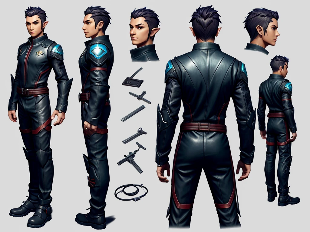 Close-up of a male elf in a cyberpunk suit, biracial, short hair with chaved sides, ((character concept art)), ((character design sheet, same character, front, side, back)) maple story character art, video game character design, video game character design, maple story elf, expert high detail concept art, concept art, gravity rush inspiration, sticky tar. Concept art, belt buckle at waist, cyberpunk sword