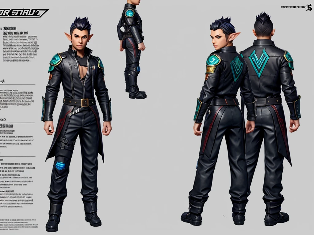 Close-up of a male elf in a cyberpunk suit, biracial, short hair with chaved sides, ((character concept art)), ((character design sheet, same character, front, side, back)) maple story character art, video game character design, video game character design, maple story elf, expert high detail concept art, concept art, gravity rush inspiration, sticky tar. Concept art, belt buckle at waist, cyberpunk sword