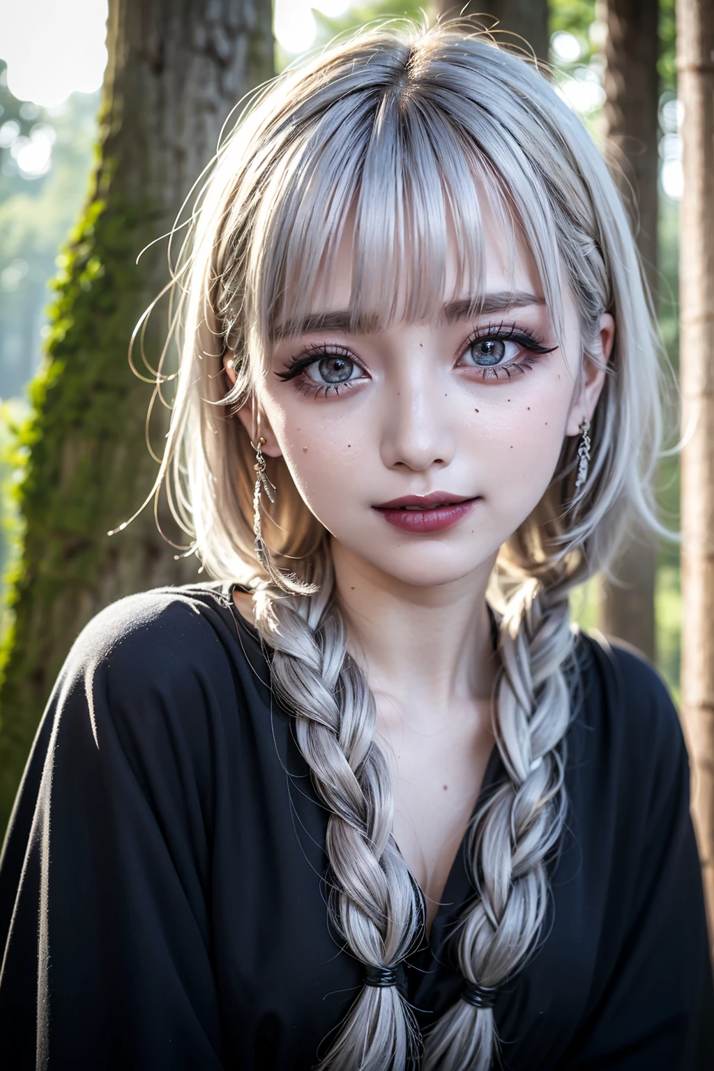 Realistic, masterpiece, Highest quality, Highest Resolution, High Detail, Soft Light, Professional Lighting, Backlight, Film Grain, The background is blurred, Japanese , (The subject was photographed from below, The subject does not look at the camera:1.3), 16 years old, Upper body photo, Looks sleepy, inattention, Grinning, Open your mouth, Beautiful and detailed eye drawing, (Droopy eyes:1.3), Dark Eyes, Thin eyebrows, Draw eyelashes carefully, Eyelash extensions, Gal Makeup, Orange Cheek,  (White brown braids,Short Hair, middle part:1.3), (Hidden eyelid wrinkles:1.3), (Gothic summer , Silver Accessories:1.3), (Summer forest:1.3)