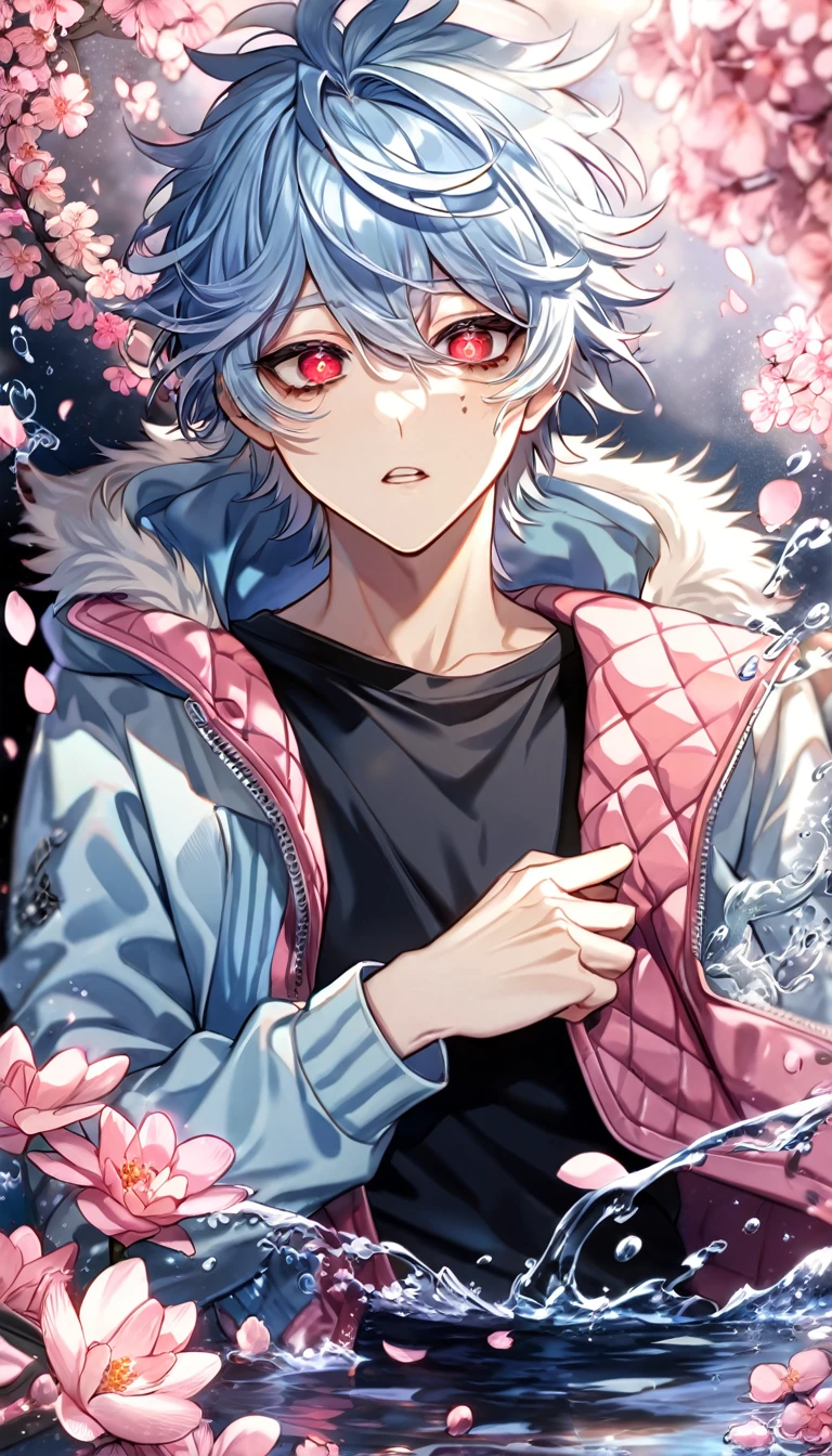 absurdres, highres, ultra detailed, HDR, master piece, best quality, Kuro, light-blue hair, messy hair, expressive red eyes, black bags under the eyes, Servamp, solo, sexy man, handsome, light blue hooded jacket with fur, black T-shirt, water, fantasy, shining, pink flowers, pink blossoms, pink petals, magical