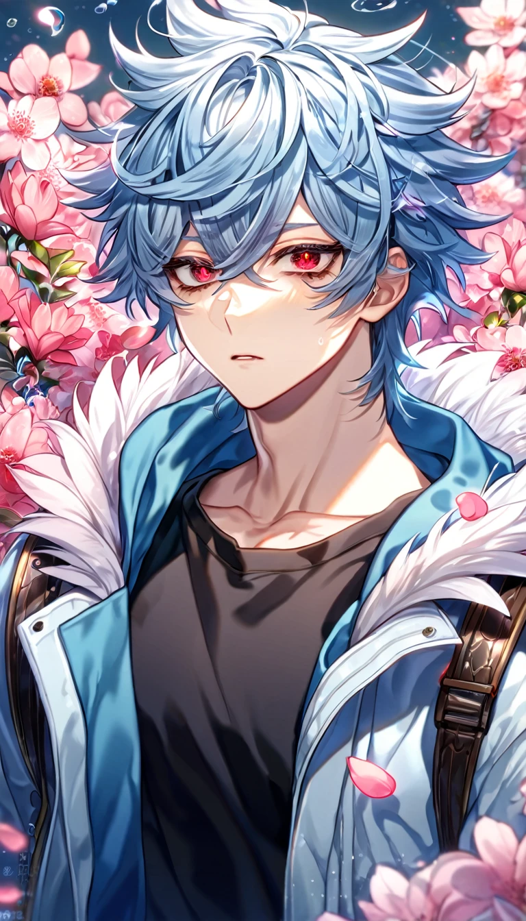 absurdres, highres, ultra detailed, HDR, master piece, best quality, Kuro, light-blue hair, messy hair, expressive red eyes, black bags under the eyes, Servamp, solo, sexy man, handsome, light blue hooded jacket with fur, black T-shirt, water, fantasy, shining, pink flowers, pink blossoms, pink petals, magical