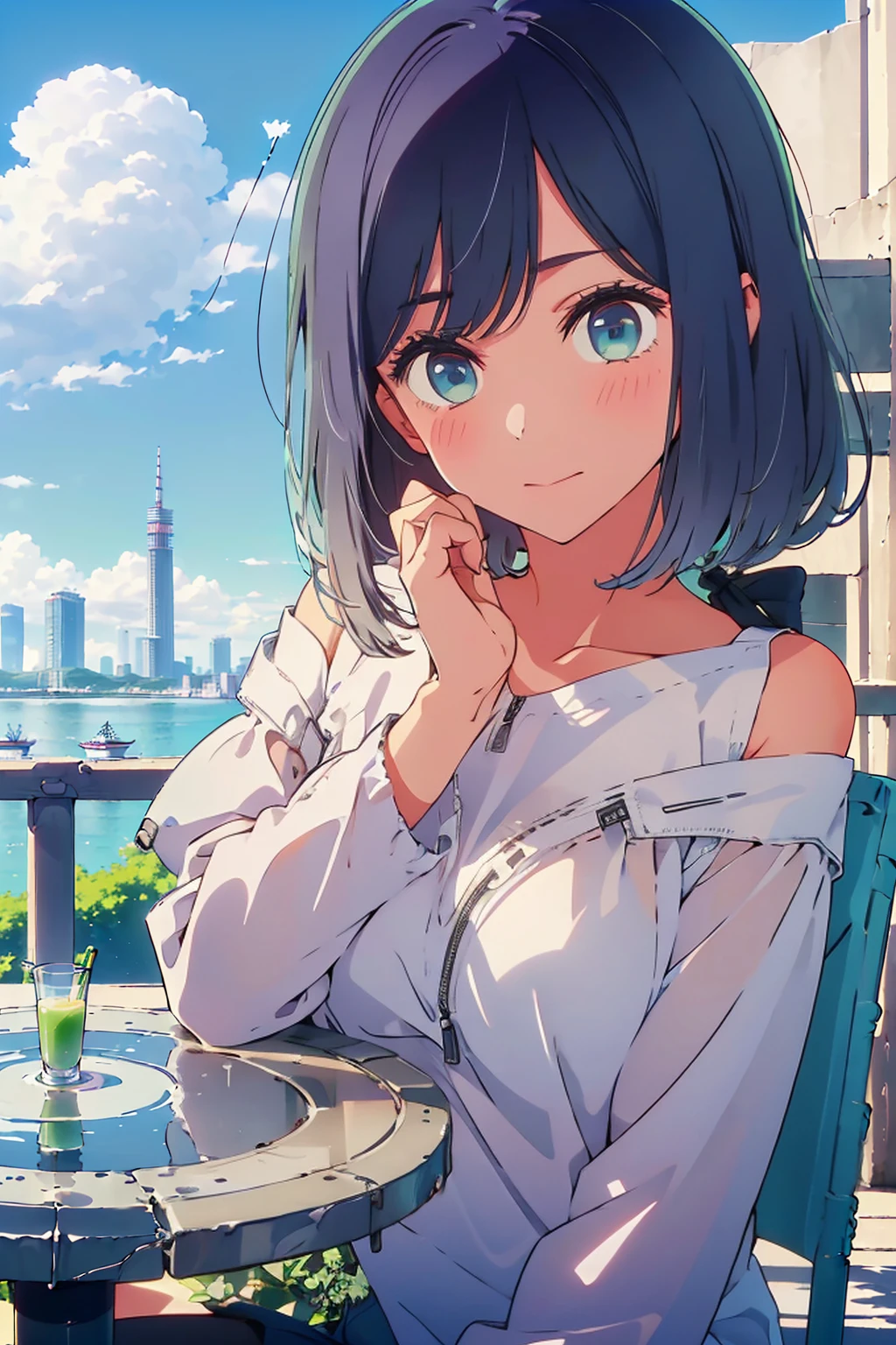 (Highest quality:1.4、8K:1.4、detailed)、F cup bust、Big Breasts、Slim body、Very white beautiful skin、((((1 person、Surprised expression、sit、Chair、In the background are the urban buildings of Tokyo、looking at the camera、Outdoor café terrace、Navy hair color、juice、table、Very cute face))))、((((nude、Areola))))、(Pose with hair tucked behind ears with both hands:1.4、Cheek resting on hand:1.4)、((Off-the-shoulder black blouson with zipper))、Nipples、Very blue sky、A completely cloudless sky