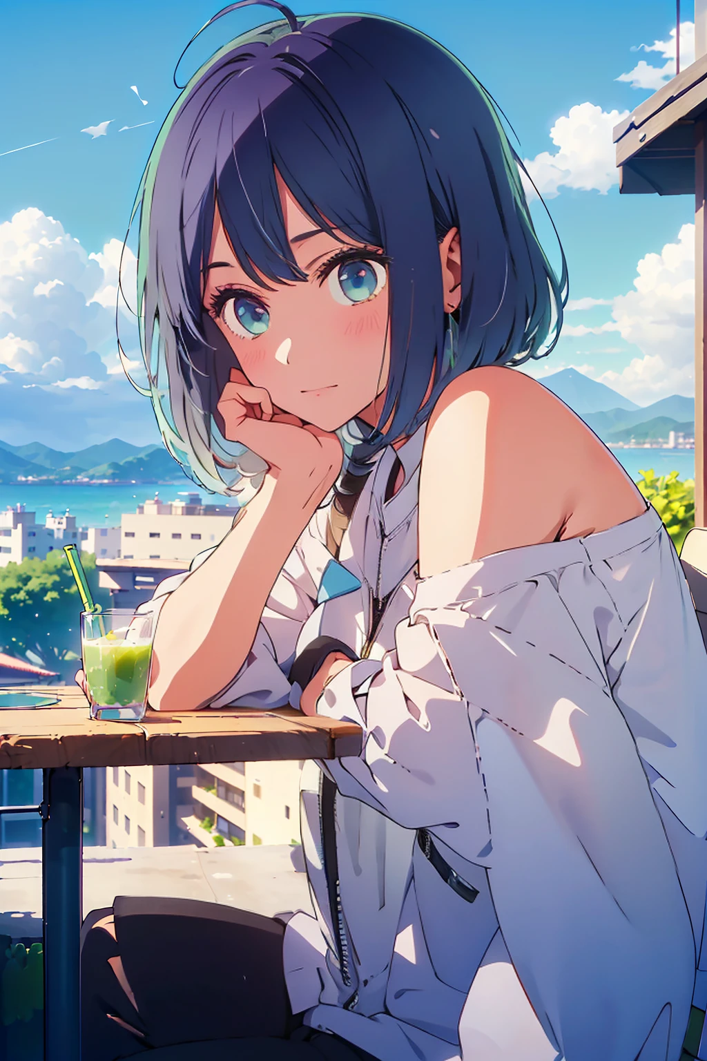 (Highest quality:1.4、8K:1.4、detailed)、F cup bust、Big Breasts、Slim body、Very white beautiful skin、((((1 person、Surprised expression、sit、Chair、In the background are the urban buildings of Tokyo、looking at the camera、Outdoor café terrace、Navy hair color、juice、table、Very cute face))))、((((nude、Areola))))、(Pose with hair tucked behind ears with both hands:1.4、Cheek resting on hand:1.4)、((Off-the-shoulder black blouson with zipper))、Nipples、Very blue sky、A completely cloudless sky