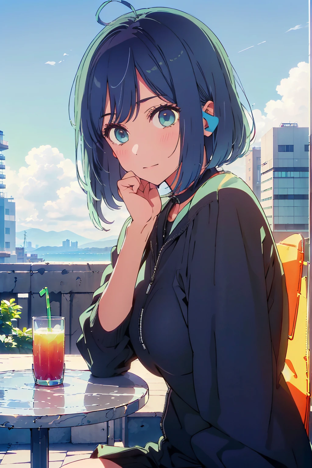 (Highest quality:1.4、8K:1.4、detailed)、F cup bust、Big Breasts、Slim body、Very white beautiful skin、((((1 person、Surprised expression、sit、Chair、In the background are the urban buildings of Tokyo、looking at the camera、Outdoor café terrace、Navy hair color、juice、table、Very cute face))))、((((nude、Areola))))、(Pose with hair tucked behind ears with both hands:1.4、Cheek resting on hand:1.4)、((Off-the-shoulder black blouson with zipper))、Nipples、Very blue sky、A completely cloudless sky