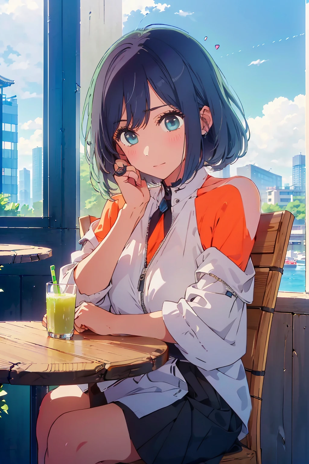(Highest quality:1.4、8K:1.4、detailed)、F cup bust、Big Breasts、Slim body、Very white beautiful skin、((((1 person、Surprised expression、sit、Chair、In the background are the urban buildings of Tokyo、looking at the camera、Outdoor café terrace、Navy hair color、juice、table、Very cute face))))、((((nude、Areola))))、(Hand touching cheek pose:1.4、Cheek resting on hand:1.4)、(Off-the-shoulder blouson、Black blouson with zipper)、Very blue sky、A completely cloudless sky