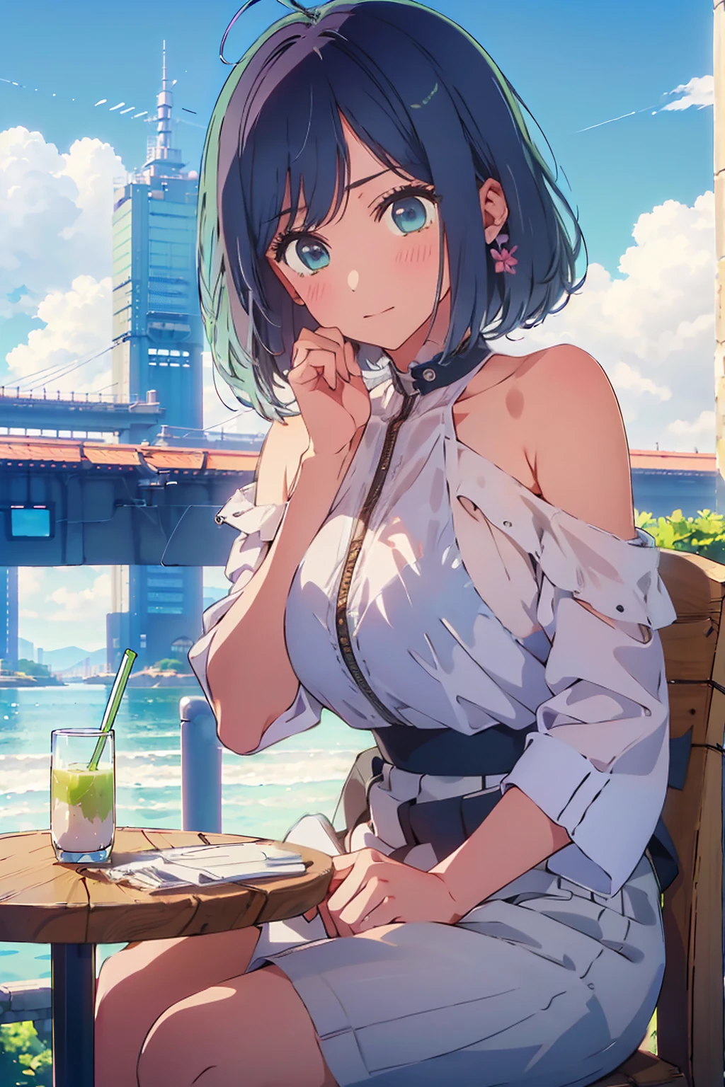 (Highest quality:1.4、8K:1.4、detailed)、F cup bust、Big Breasts、Slim body、Very white beautiful skin、((((1 person、Surprised expression、sit、Chair、In the background are the urban buildings of Tokyo、looking at the camera、Outdoor café terrace、Navy hair color、juice、table、Very cute face))))、((((nude、Areola))))、(Pose with hair tucked behind ears with both hands:1.4、Cheek resting on hand:1.4)、((Off-the-shoulder black blouson with zipper))、Nipples、Very blue sky、A completely cloudless sky