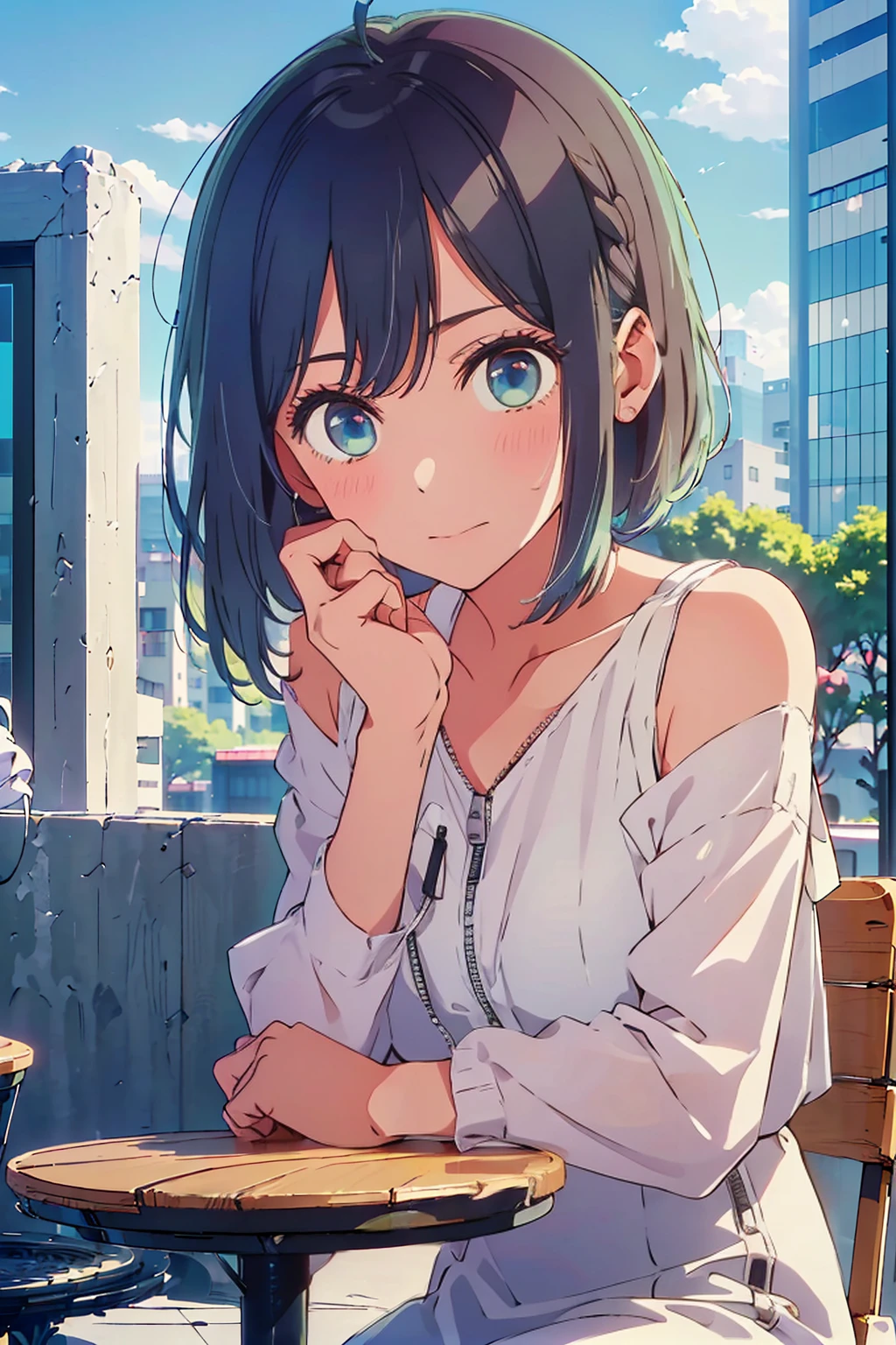 (Highest quality:1.4、8K:1.4、detailed)、F cup bust、Big Breasts、Slim body、Very white beautiful skin、((((1 person、Surprised expression、sit、Chair、In the background are the urban buildings of Tokyo、looking at the camera、Outdoor café terrace、Navy hair color、juice、table、Very cute face))))、((((nude、Areola))))、(Pose with hair tucked behind ears with both hands:1.4、Cheek resting on hand:1.4)、((Off-the-shoulder black blouson with zipper))、Nipples、Very blue sky、A completely cloudless sky
