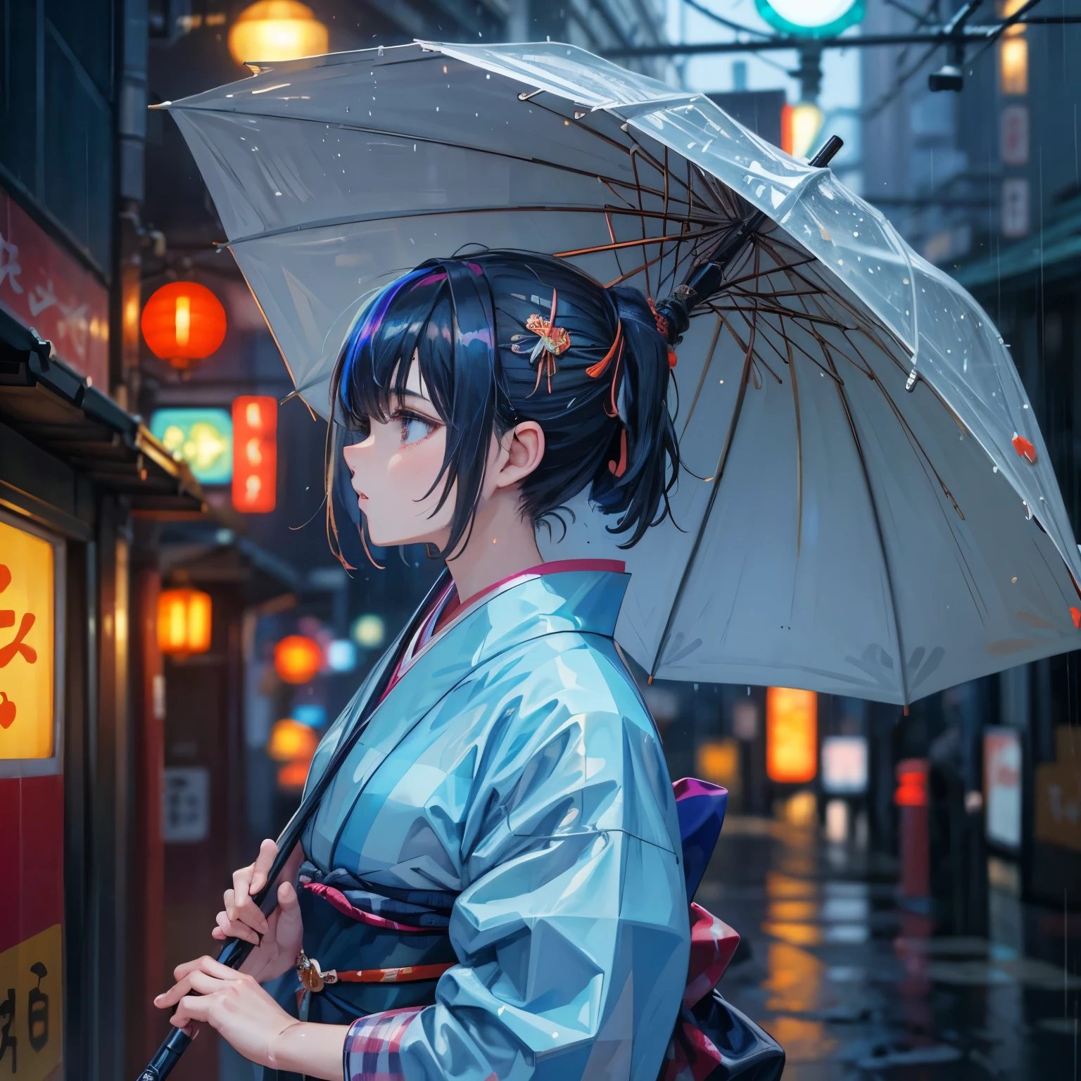 (best quality,8k,highres, masterpiece:1.2), (anime style),ultra-detailed, HDR, UHD, studio lighting, ultra-fine painting, sharp focus, physically-based rendering, extreme detail description, professional, vivid colors, bokeh, portraits, concept artists, warm color palette, dramatic lighting,rainy night,1 beautiful woman,(blue checkered pattern kimono),side view,walking japanese street,twinkled neon sign,Heavy rain, rain shining on neon signs,dark night,holding an umbrella,