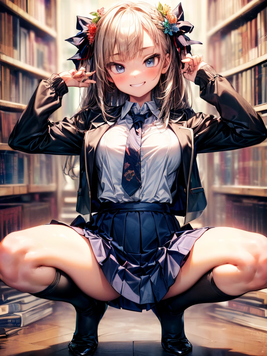 (High School Uniform:1.5)、(Spread your legs)、(Rich color expression)、(Big Breasts)、8K resolution、 masterpiece、((Highest quality))、Anatomically correct、The girl is alone、(I narrowed my eyes a little.:2)、(Flower Hair Ornaments)、(tie)、(ribbon)、(Check long skirt:1.3)、((Hasselblad Photos))、[:(Detailed face:1.2):0.2]、(Squat)、(Grin)、(library)、(Knee socks:1.3)