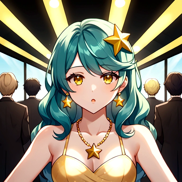 Girl with long dark turquoise hair, yellow eyes, yellow star pin in her head. Background: market