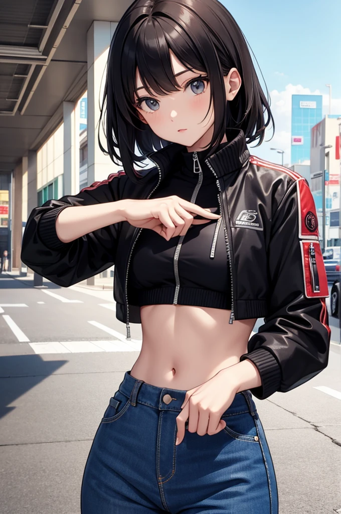 最high quality、best image quality、masterpiece、age girl((18-year-old、 By becoming、vest bust、medium bust,wide open breast tea、black eye, purple and red hair、Habitual hair、long hair、thin,highest valley、navel black tank top、blue shorts、Holding a spray can、smug face、peace sign、paint跡、black jacket、squat、open your legs、black mask)),high quality、beautiful art、background((City of night、wall、graffiti、paint))debris flies、Depth of written boundary、movie、visual art、perfect art、8K,genuine