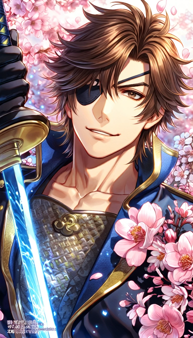 absurdres, highres, ultra detailed, HDR, master piece, Date Masamune, medium brown hair, expressive brown eye, black eye patch on his right eye, Sengoku Basara, sexy man, handsome, best quality, blossoms, pink petals, pink flowers, fantasy, magical, blue shining fireflies, solo, water, smirking, blue and black clothes, black gloves, grabbing a sword