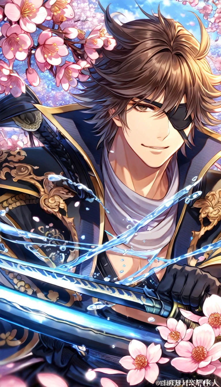 absurdres, highres, ultra detailed, HDR, master piece, Date Masamune, medium brown hair, expressive brown eye, black eye patch on his right eye, Sengoku Basara, sexy man, handsome, best quality, blossoms, pink petals, pink flowers, fantasy, magical, blue shining fireflies, solo, water, smirking, blue and black clothes, black gloves, grabbing a sword