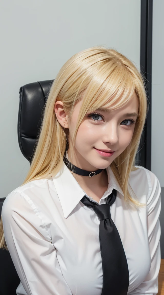 Browsing Caution, masterpiece, (Highest quality:1.2), (Sharp focus:1.2),, 1 Girl, Slim girl,, (blonde|Light_Yellow Hair), Cat ear,, Detailed face, young|Cute face, blush, Wicked Smile,, Natural Breasts, Thin arms,, White collared shirt and black tie, Black Choker,, In a modern office, indoor