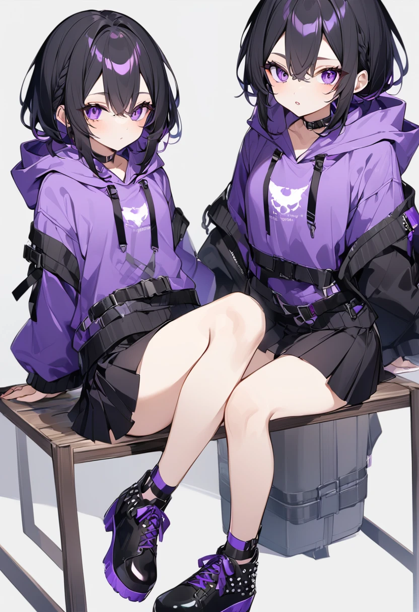 Black Hair。long。Purple Eyes。Purple hoodie。Black short skirt。Black shoes下。Black shoes。