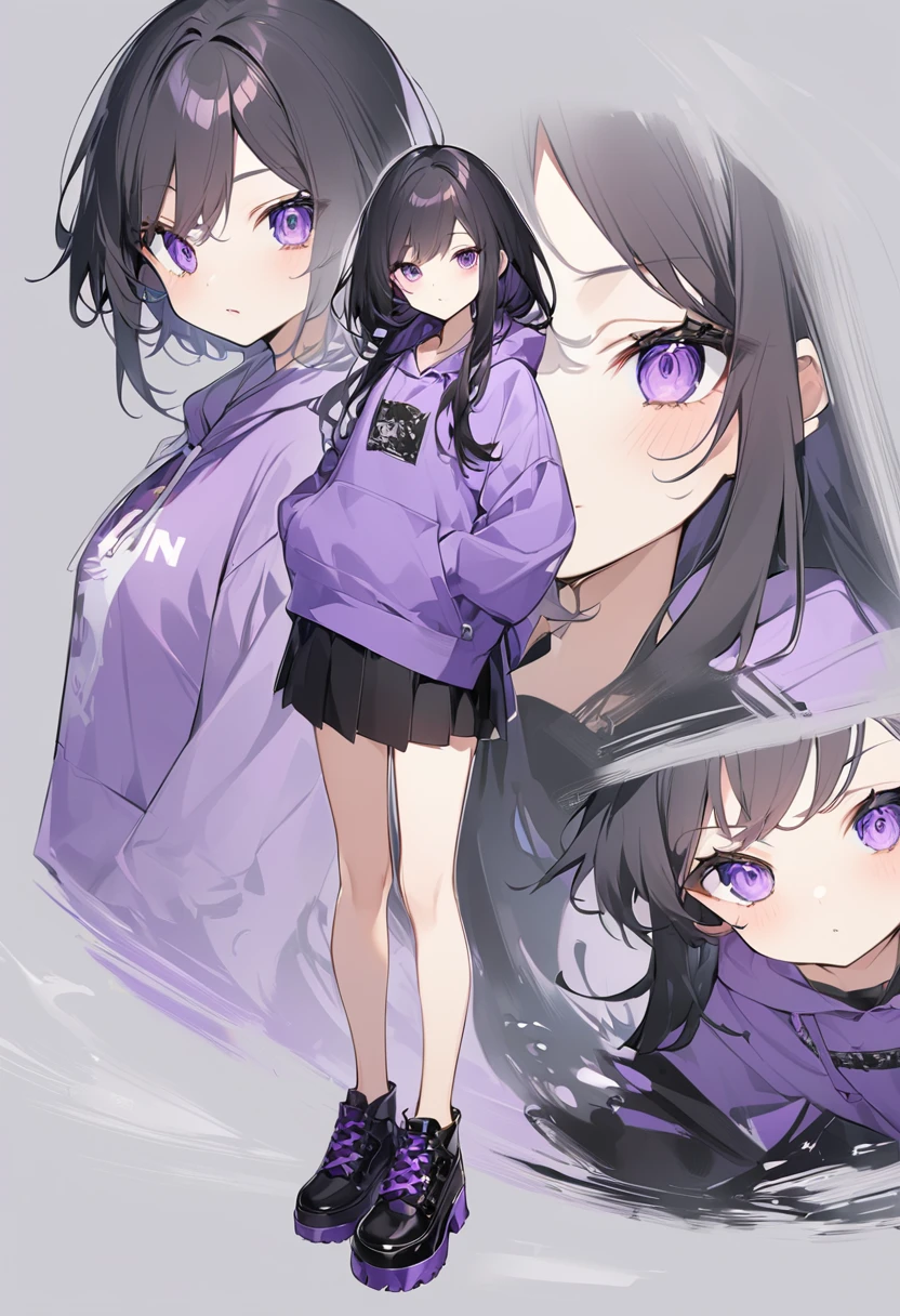 Black Hair。long。Purple Eyes。Purple hoodie。Black short skirt。Black shoes下。Black shoes。