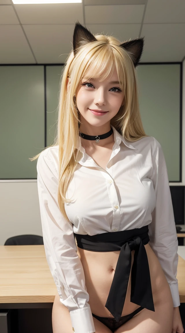 Browsing Caution, masterpiece, (Highest quality:1.2), (Sharp focus:1.2),, 1 Girl, Slim girl,, (blonde|Light_Yellow Hair), Cat ear,, Detailed face, young|Cute face, blush, Wicked Smile,, Natural Breasts, Thin arms,, White collared shirt and black tie, Black Choker,, In a modern office, indoor