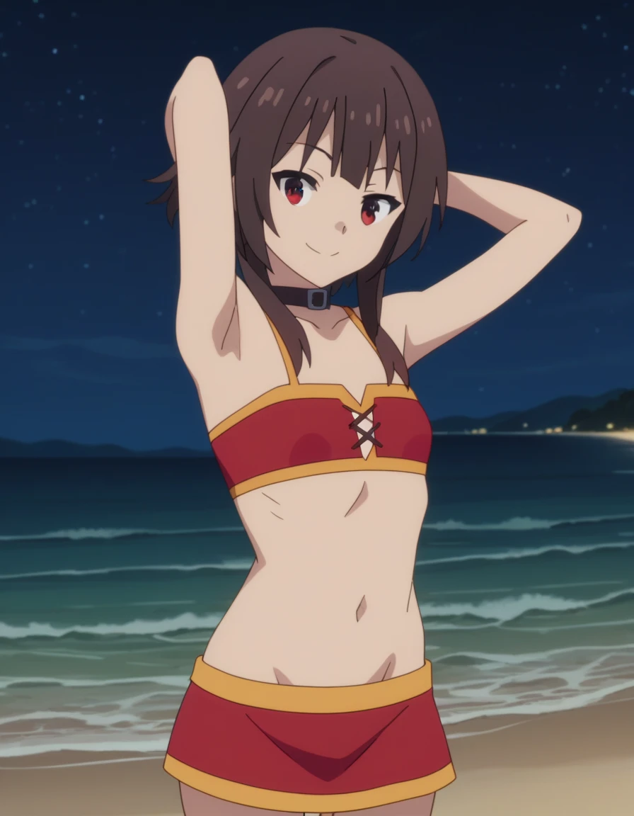  source_anime, anime screencap, anime coloring, Megumin, looking at viewer, solo, contrapposto, spread armpit, arms behind head, smile, looking at viewer, (cowboy shot:1.5), closed mouth, night sky, beach, high quality,