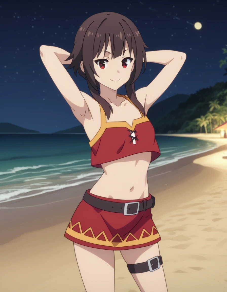  source_anime, anime screencap, anime coloring, Megumin, looking at viewer, solo, contrapposto, spread armpit, arms behind head, smile, looking at viewer, (cowboy shot:1.5), closed mouth, night sky, beach, high quality,