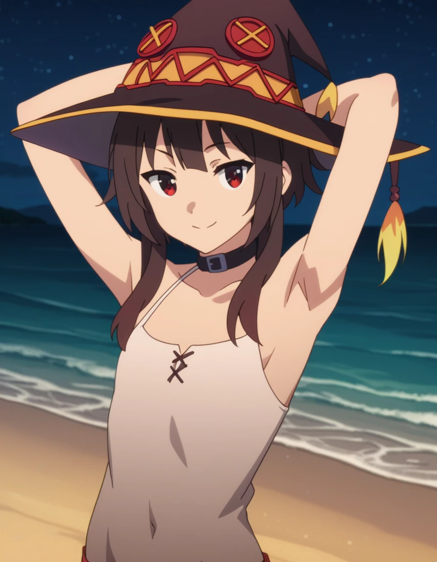  source_anime, anime screencap, anime coloring, Megumin, looking at viewer, solo, contrapposto, spread armpit, arms behind head, smile, looking at viewer, (cowboy shot:1.5), closed mouth, night sky, beach, high quality,