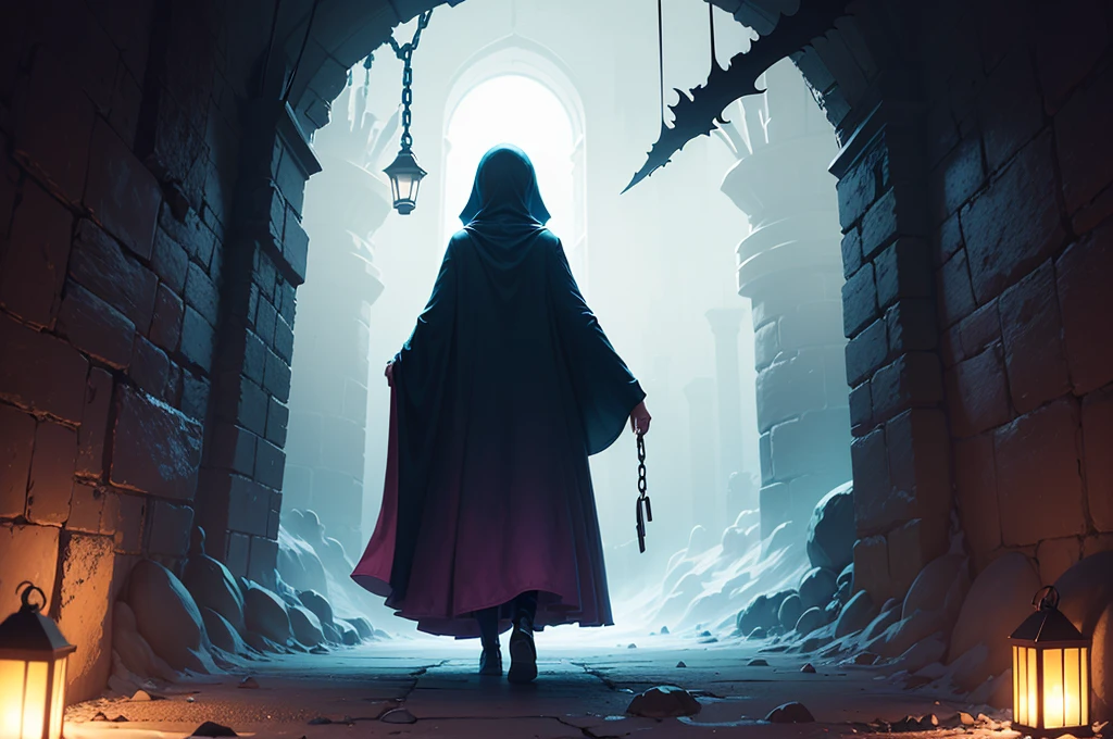 small cloaked girl enters dungeon, from behind, back shot, dark stone passage, fantasy dungeon, dim pink and blue lighting, white slime, mist, low contrast, dark, chains, stonework, enclosed passage, eyes glowing in the distant darkness