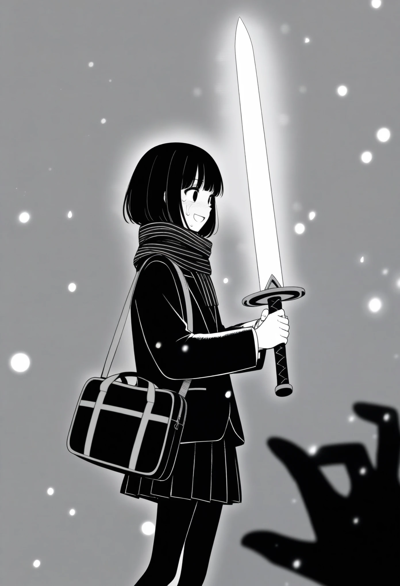 masterpiece, best quality, 1girl, mamerakkkkko, grayscale, manga style, japanese, chi no wadachi, black eyes, street, iced, black hair, schoolbag, smile, lineart, black coat, black scarf, black pleated skirt, leggings, centered, 18 years old, tall, fair skinned, bokeh background, crying, tears, tears streaming, bob cut, light particles, snowing, (((holding sword:1.1, perfect hand, detailed hand:1.1)), emotional anime scene