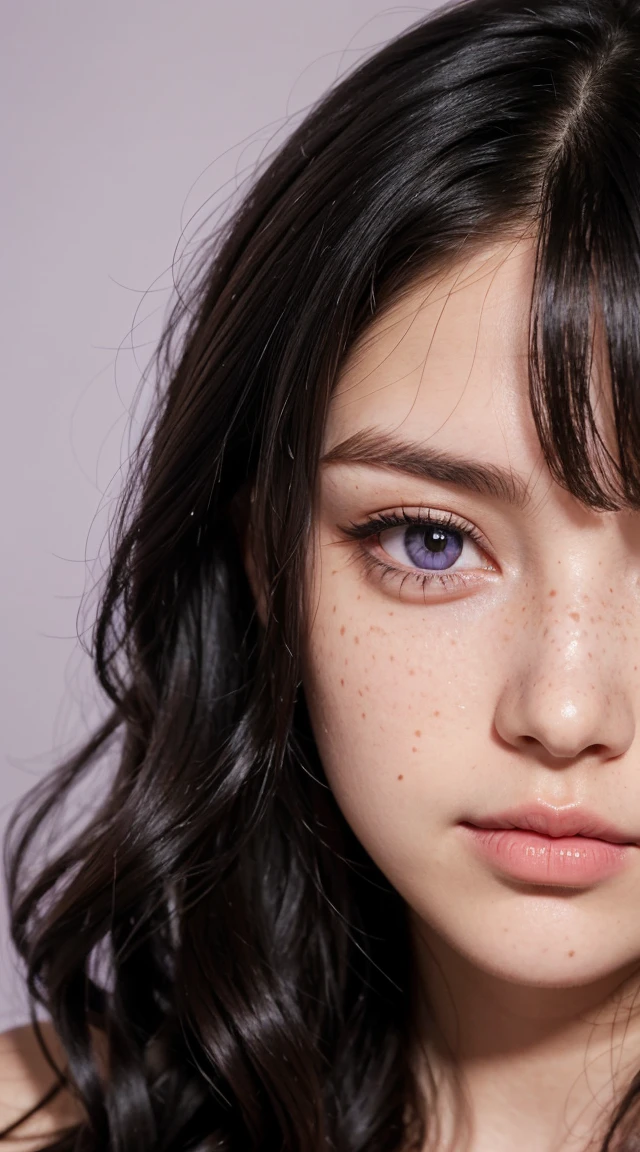 A woman with wavy black hair and purple eyes, freckles, blush, eye shadow, Cute face