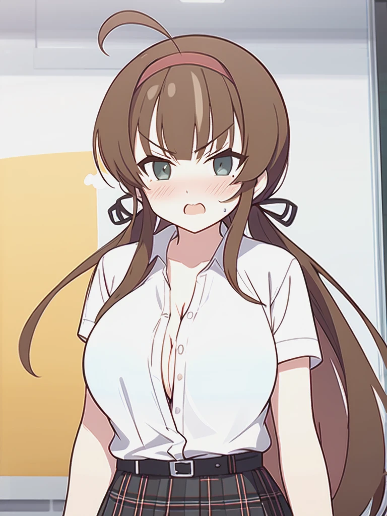 ryoubi \(Senran Kagura\),  troubled eyebrows, troubled, (large breasts), (Stomach bare), (shirt), (tied shirt), (white shirt), Good, short sleeves, (belted skirt),plaid skirt,(black skirt), cleavage, (Embarrassing), (Feeling embarrassed), open mouth, (upper body), (front viewer), (looking at viewer),