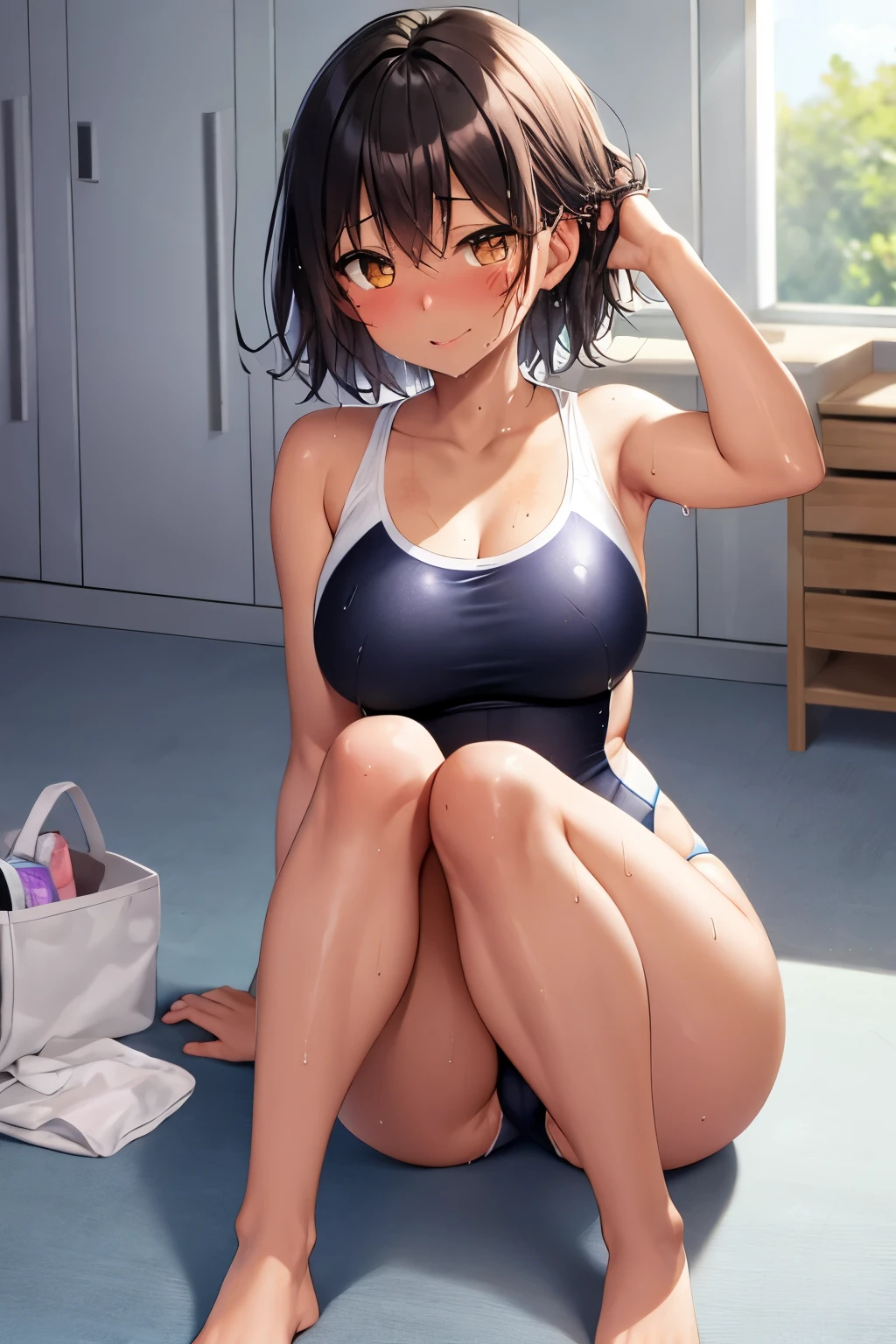 2d,Highest quality,(masterpiece),(whole body),Yami-chan,Amber Hair、Boyish short hair、(Brown woman),(Healthy dark skin),(Sunburn mark),clavicle,(new school swimwear),JK,Shining bare feet,barefoot,beautiful。Brown Eyes、Attractive thighs、Large Breasts、lockerルーム、locker、Light coming through the window、Erotic look、Large drops of sweat、Wet hair、Drops are dripping from my hair、Towel in right hand、It'; Shortness of breath,Bold Pose