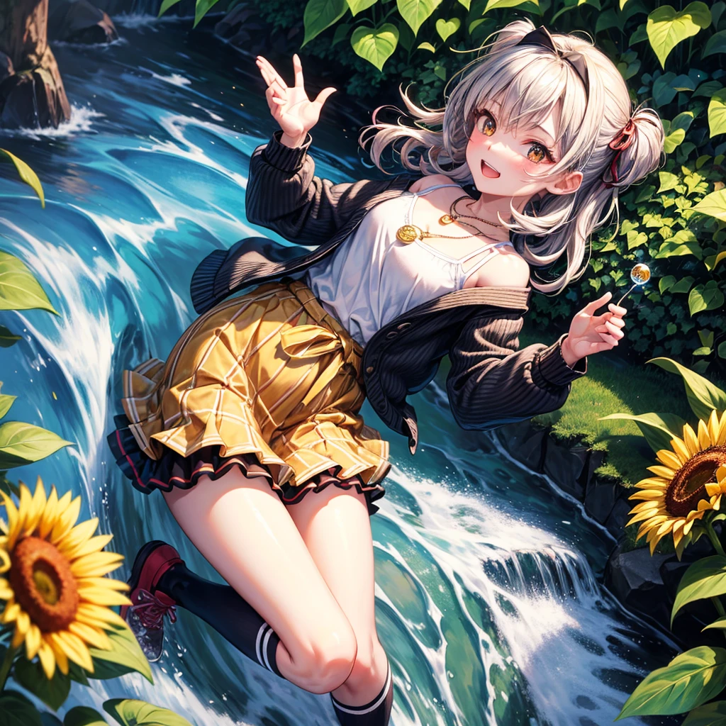 Red, brown, gold, gold hair、Golden Eyes、Hair tied up、One good looking girl、solo、anime、Checkered mini skirt、Ruffles on the skirt、camisole、Lightweight cardigan、Black knee-high socks、Wearing a baseball cap、Ribbon、Ribbon on waist、Teeth are visible、Silver coin necklace、From above、Sunflower Tunnel、Cobblestones、waterfall、Clear Stream、Have sunflowers、Midnight Moon、Winding Road、Unlocking、suspension bridge、Soap bubbles are flying