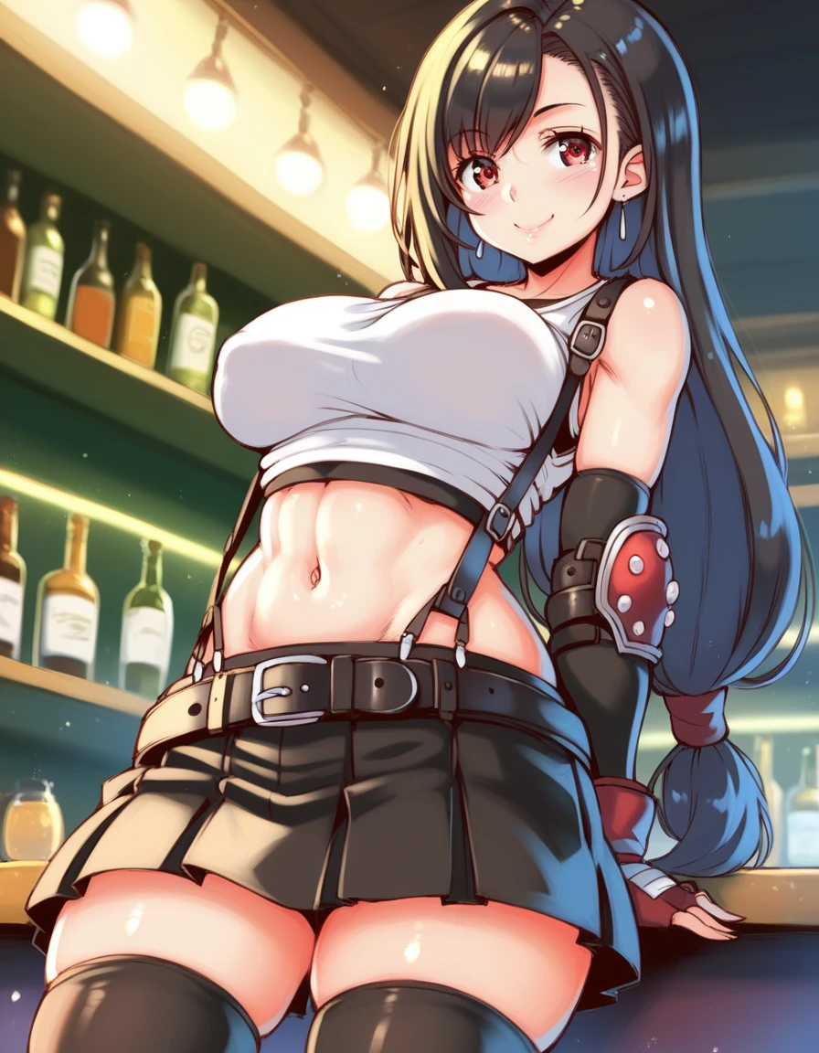 score_9, score_8_up, score_7_up,score_6, score_5,4k,rating_safe BREAK , (from below.from front,(breast focus),standing,straight-on,(arms in sides.),,(upperbody),looking_at_viewer ,1girl, tifa lockhart, final fantasy, tareme,black hair, low-tied long hair, red eyes, bangs, (white tank top, belt, pleated skirt, thighhighs, elbow fingerless gloves, elbow pads, midriff, navel,suspender skirt) ,large_breasts,(light smile),pantiesshot,,Solo,,(nighttime and bar),detailed skin,(best quality),(aesthetic,very aesthetic),UHD,HDR,intricate detailed,anime,highly detailed,sharp focus,depth of field,,professional lighting,cinematic lighting, dancing breast, 　　